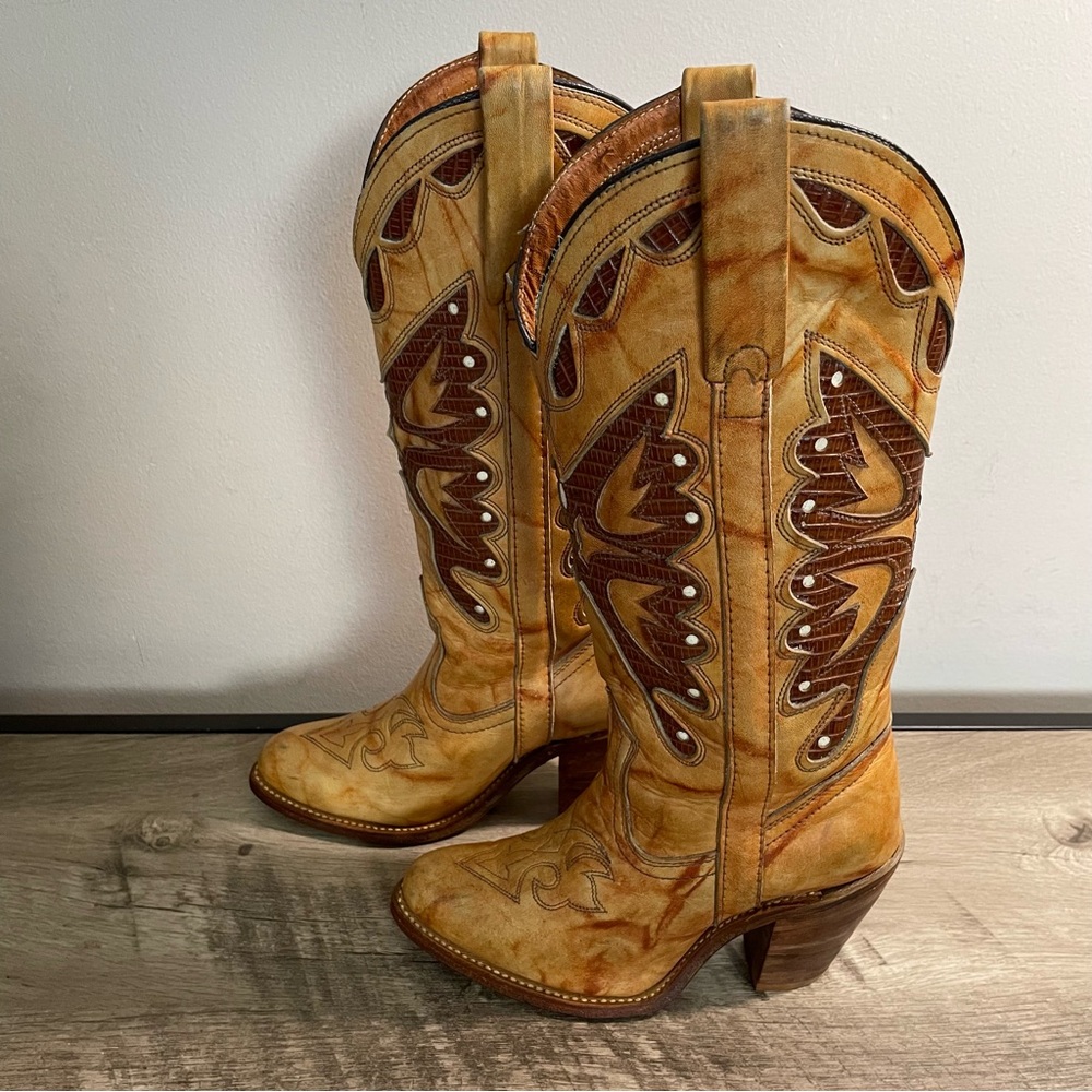 VINTAGE 70s Women's MISS CAPEZIO Beige Brown Leather BUTTERFLY Cowgirl BOOTS  5